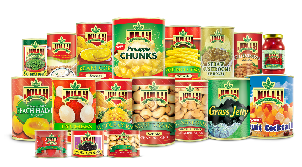 The complete Jolly Food Line Jolly Mushrooms, Jolly Corn, Jolly Canned Vegetables, Jolly Canned Fruits, Jolly Canned Soup